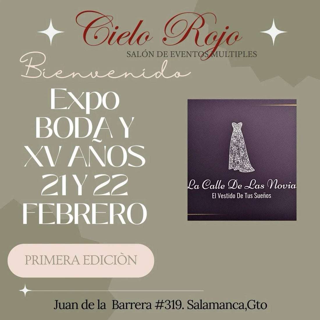 Anuncio de Expo Boda y XV Años los días 21 y 22 de febrero en Cielo Rojo, Salamanca, con promoción de vestidos de novia y XV años.