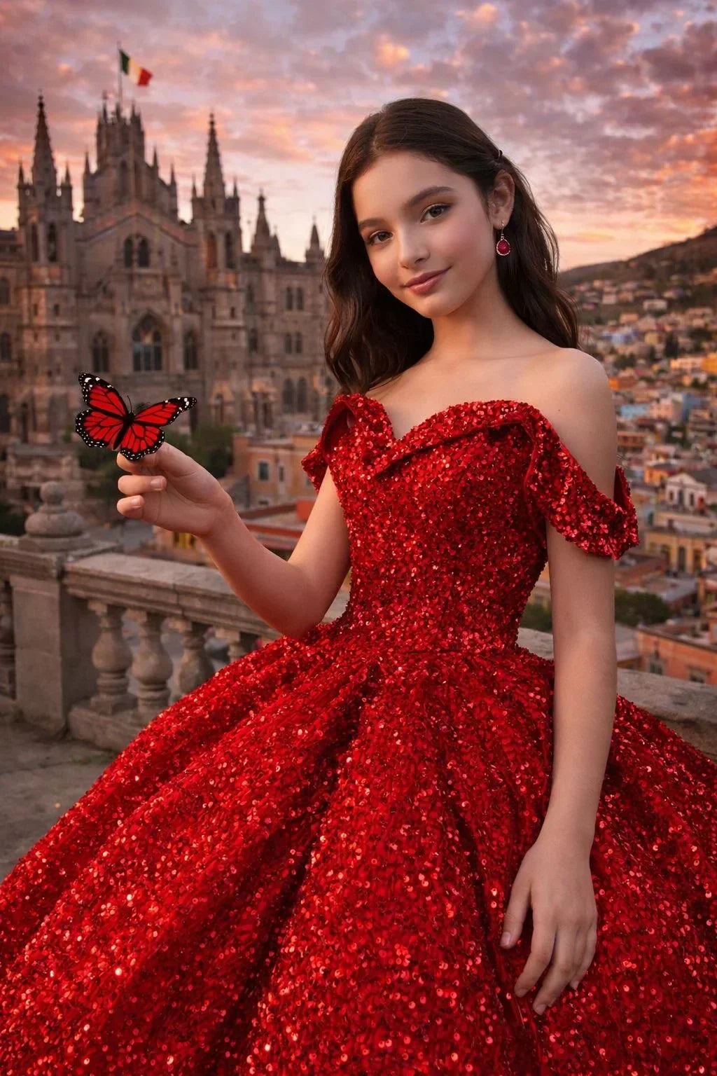 Joven con vestido de quinceañera rojo brillante y mariposa en la mano, fondo de iglesia y ciudad al atardecer.