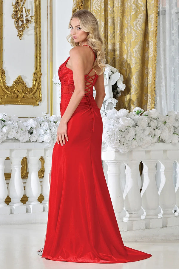 Sheer Corset Fitted Evening Dress with Slit - Adora 3329