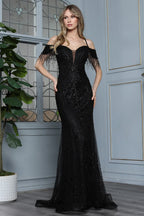 Vestido negro largo con lentejuelas y hombros descubiertos para fiesta elegante o XV años