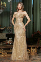 Vestido de gala Adora Design ajustado color dorado con corsé y pedrería brillante