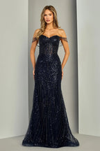 Vestido de gala ajustado azul marino con corsé y pedrería de Adora Design