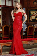 Vestido de gala rojo ajustado de Adora Design con corsé y tirantes de pedrería.