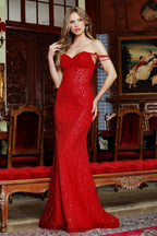 Vestido de gala rojo ajustado de Adora Design con corsé y tirantes de pedrería.