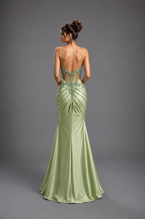 Elegante Vestido de Satén con Corsé Ilusión y Flores - Dancing Queen (4614)