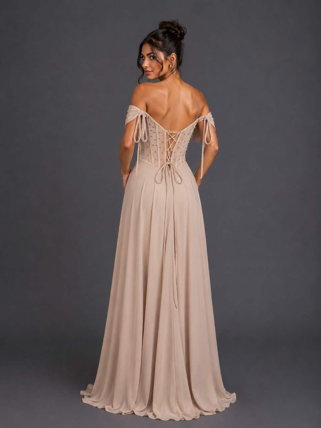 Vestido de Gala con Corsé de Pedrería y Hombros Descubiertos - Dancing Queen (4615)
