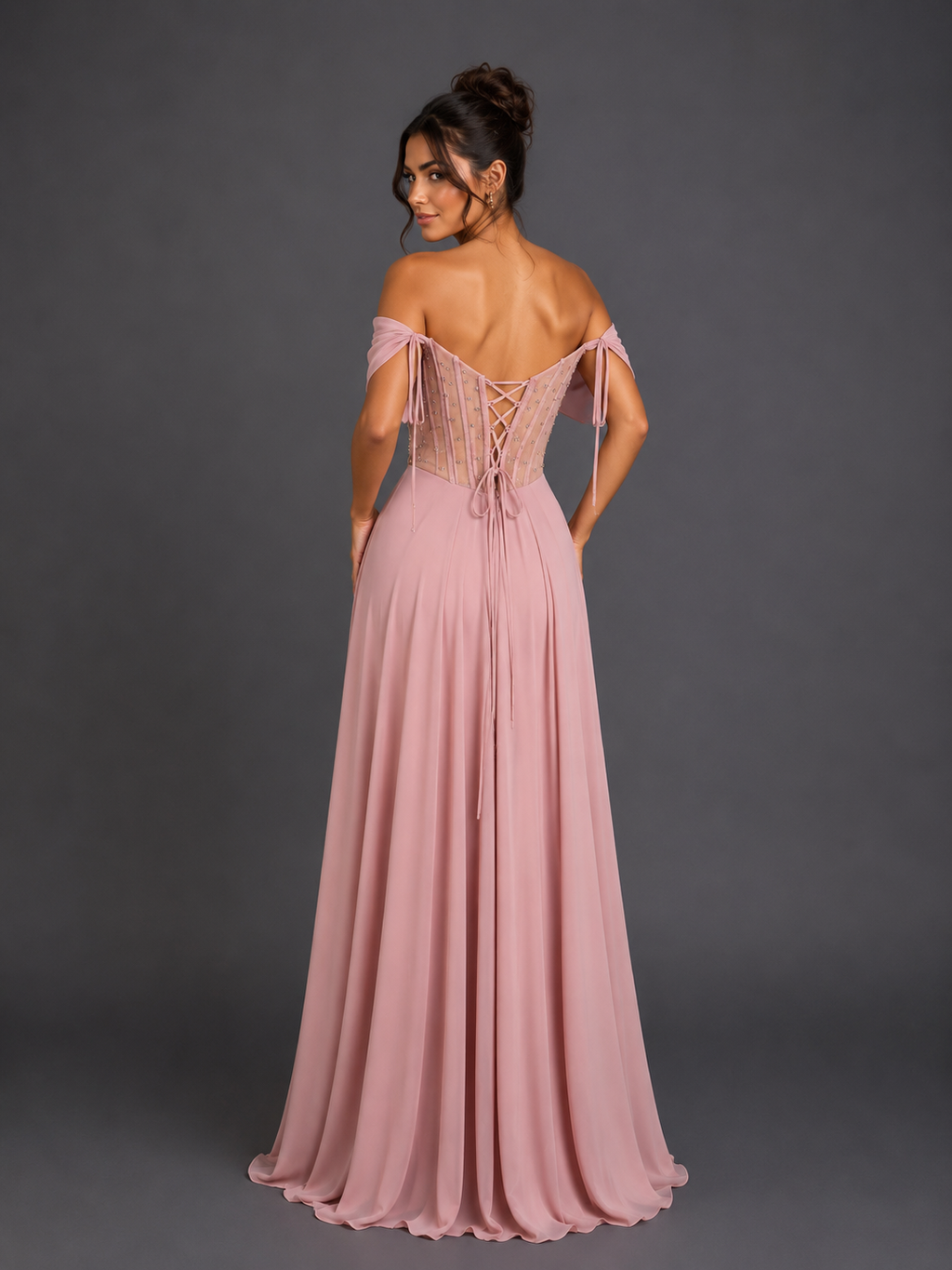 Vestido de Gala con Corsé de Pedrería y Hombros Descubiertos - Dancing Queen (4615)