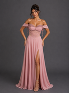 Vestido de Gala con Corsé de Pedrería y Hombros Descubiertos - Dancing Queen (4615)
