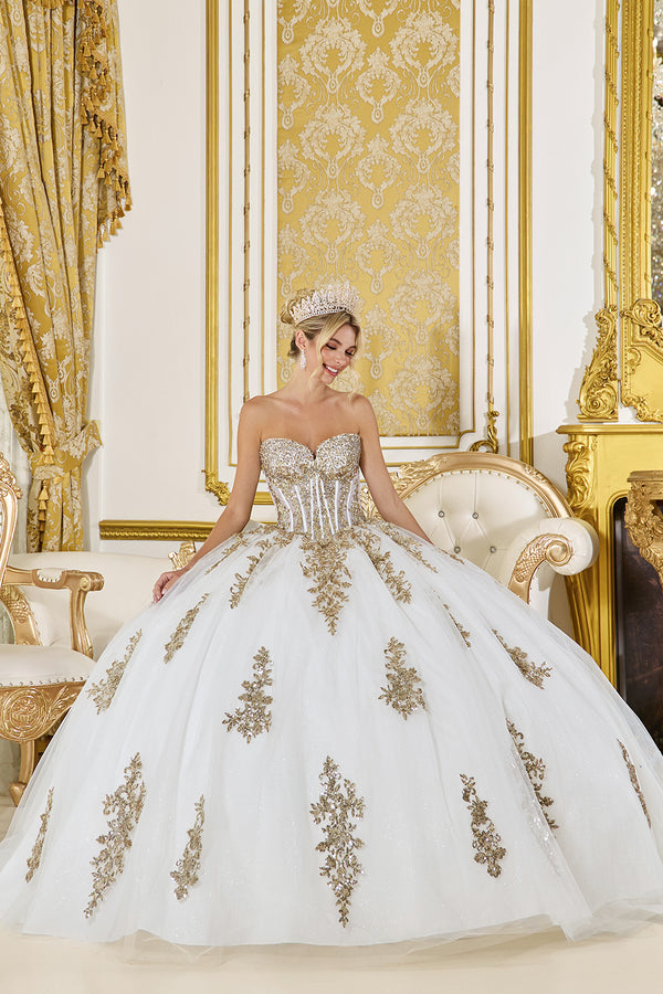 Vestido de Quinceañera con Corsé de Pedrería y Bordado Metálico - Dancing Queen (5085)