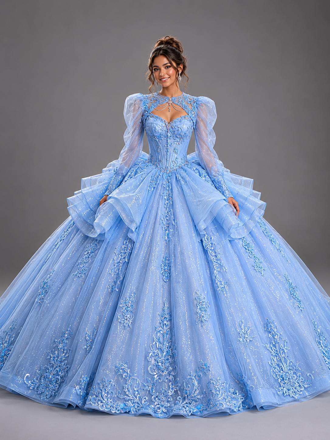 Vestido de Quinceañera con Mangas Abullonadas  y Cuello Alto - Dancing Queen 5167