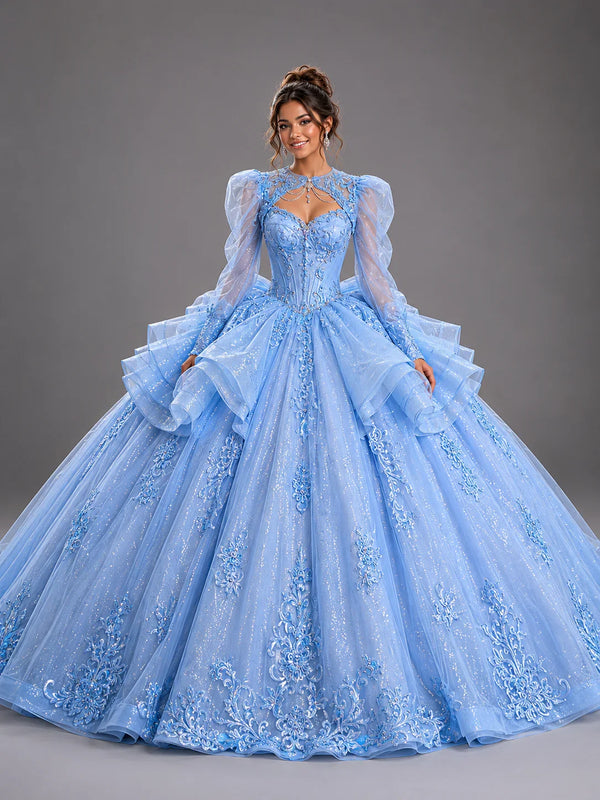 Vestido de Quinceañera con Mangas Abullonadas  y Cuello Alto - Dancing Queen 5167