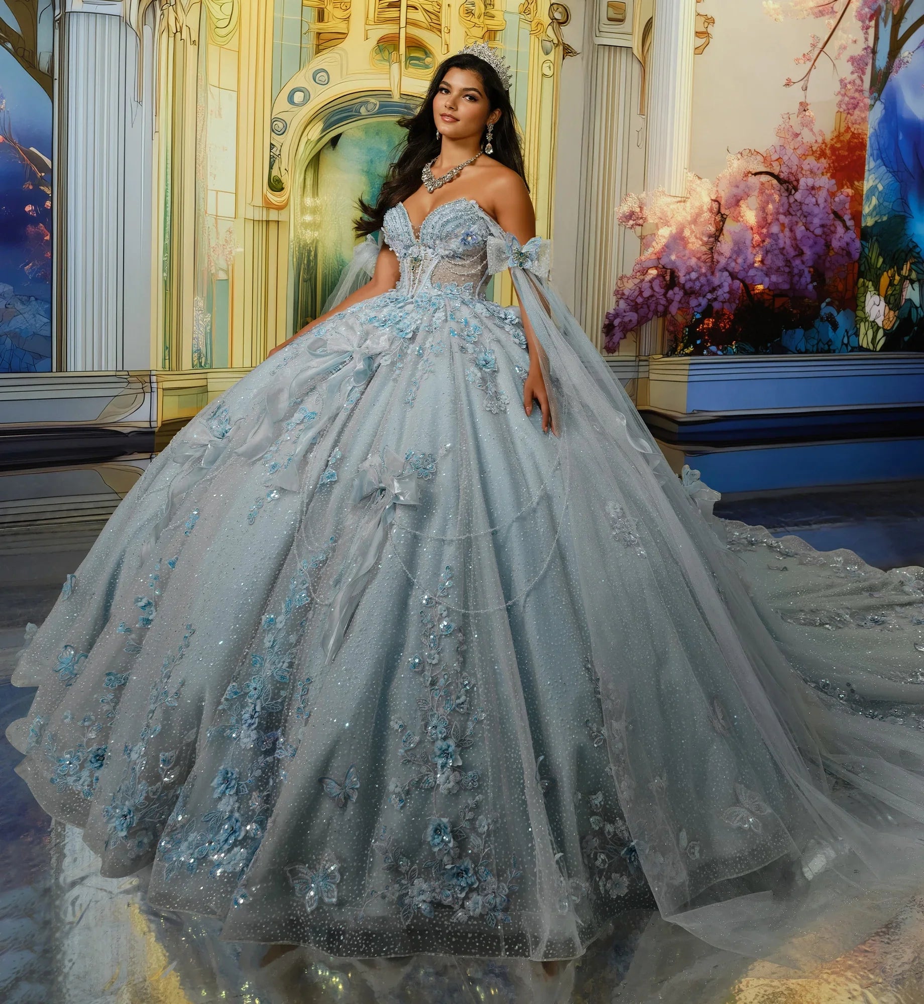 Joven con vestido de XV años azul claro bordado, tiara y accesorios elegantes, fondo de fantasía.