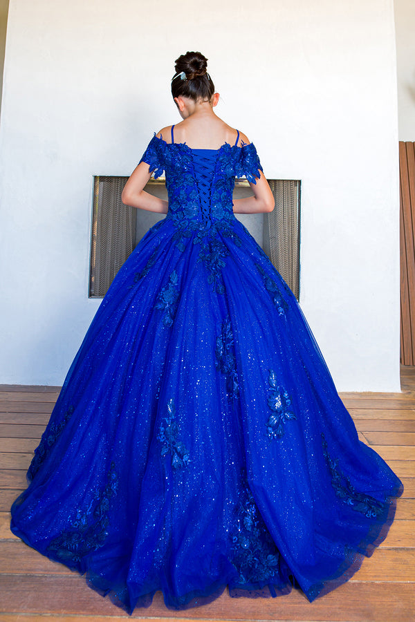Vestido de Niña y Mini Quinceañera con Flores 3D y Hombros Descubiertos - Cinderella Couture 8045