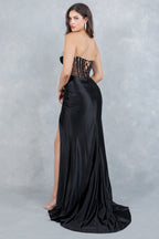 Vestido de Fiesta Satinado con Corsé Transparente y Abertura - Cinderella Couture 8449J