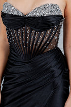 Vestido de Fiesta Satinado con Corsé Transparente y Abertura - Cinderella Couture 8449J
