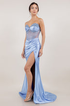 Vestido de Fiesta Satinado con Corsé Transparente y Abertura - Cinderella Couture 8449J