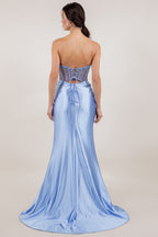 Vestido de Fiesta Satinado con Corsé Transparente y Abertura - Cinderella Couture 8449J