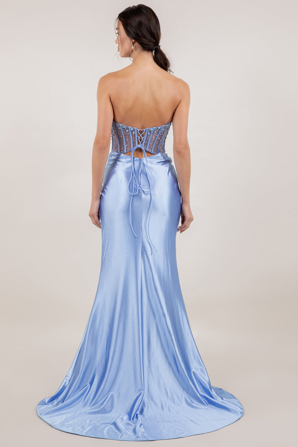 Vestido de Fiesta Satinado con Corsé Transparente y Abertura - Cinderella Couture 8449J