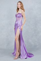 Vestido de Fiesta Satinado con Corsé Transparente y Abertura - Cinderella Couture 8449J