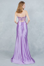 Vestido de Fiesta Satinado con Corsé Transparente y Abertura - Cinderella Couture 8449J