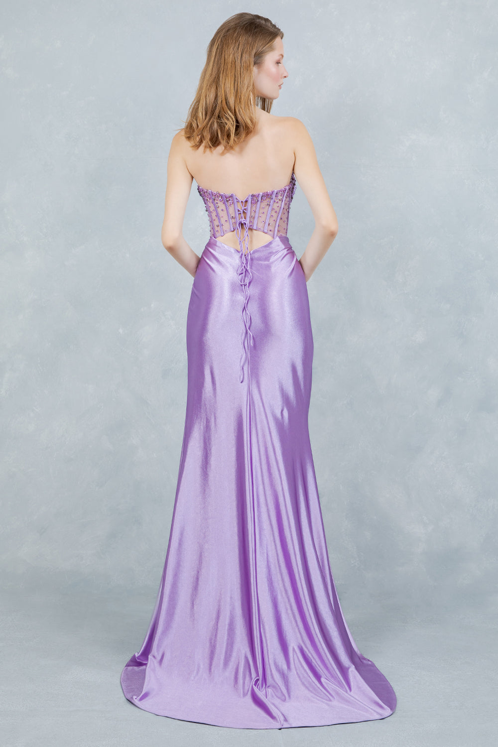 Vestido de Fiesta Satinado con Corsé Transparente y Abertura - Cinderella Couture 8449J