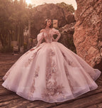 Vestido de XV años rosa palo con encaje y apliques florales, ideal para bodas y fiestas especiales
