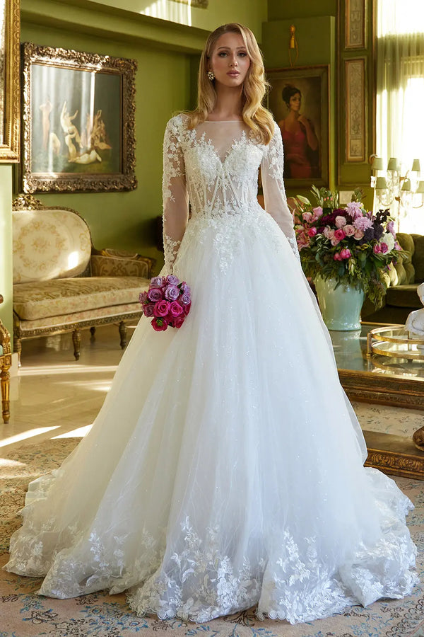 Vestido de Novia Corte A con Mangas Largas y Corsé Ilusión - GLS by Gloria GL3603