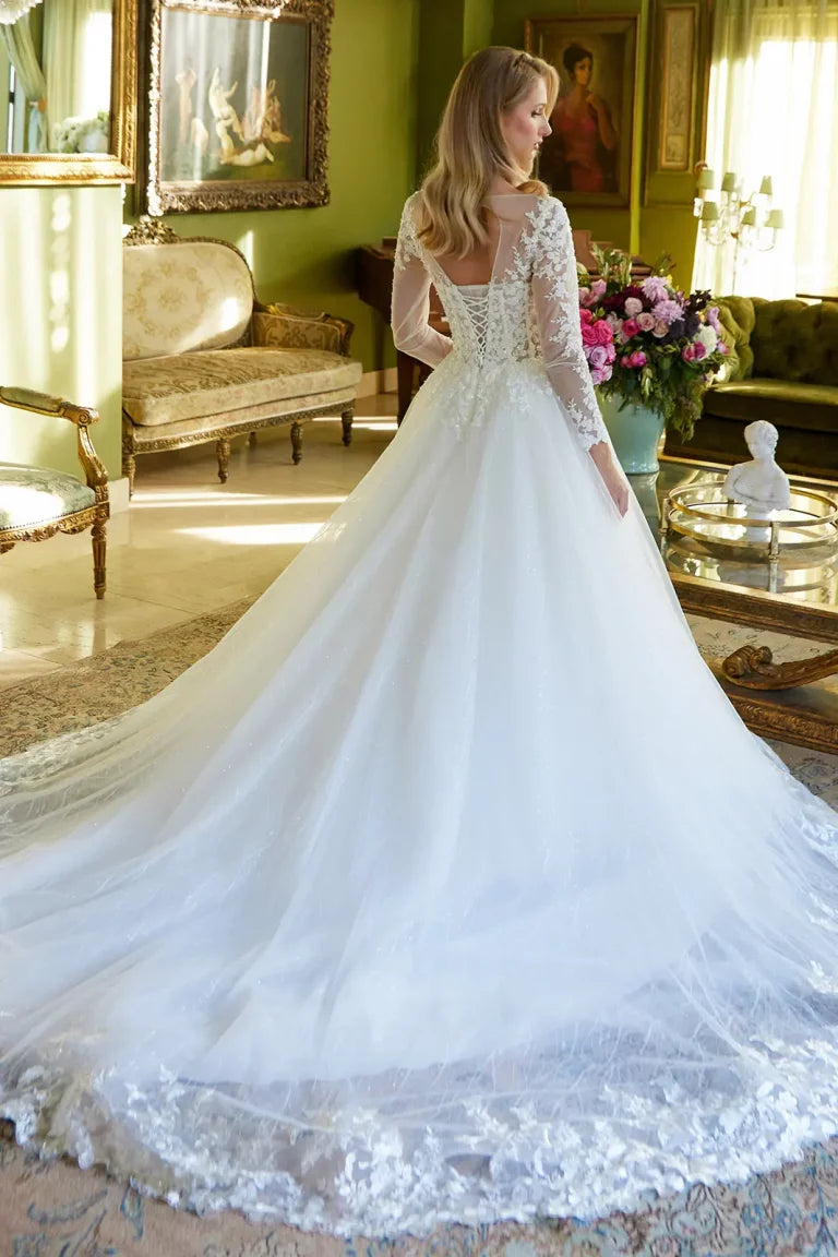 Vestido de Novia Corte A con Mangas Largas y Corsé Ilusión - GLS by Gloria GL3603