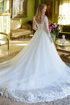 Vestido de Novia Corte A con Mangas Largas y Corsé Ilusión - GLS by Gloria GL3603