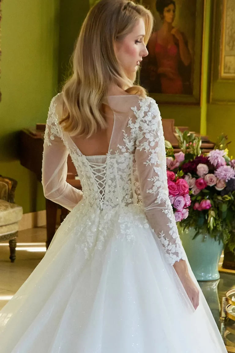 Vestido de Novia Corte A con Mangas Largas y Corsé Ilusión - GLS by Gloria GL3603