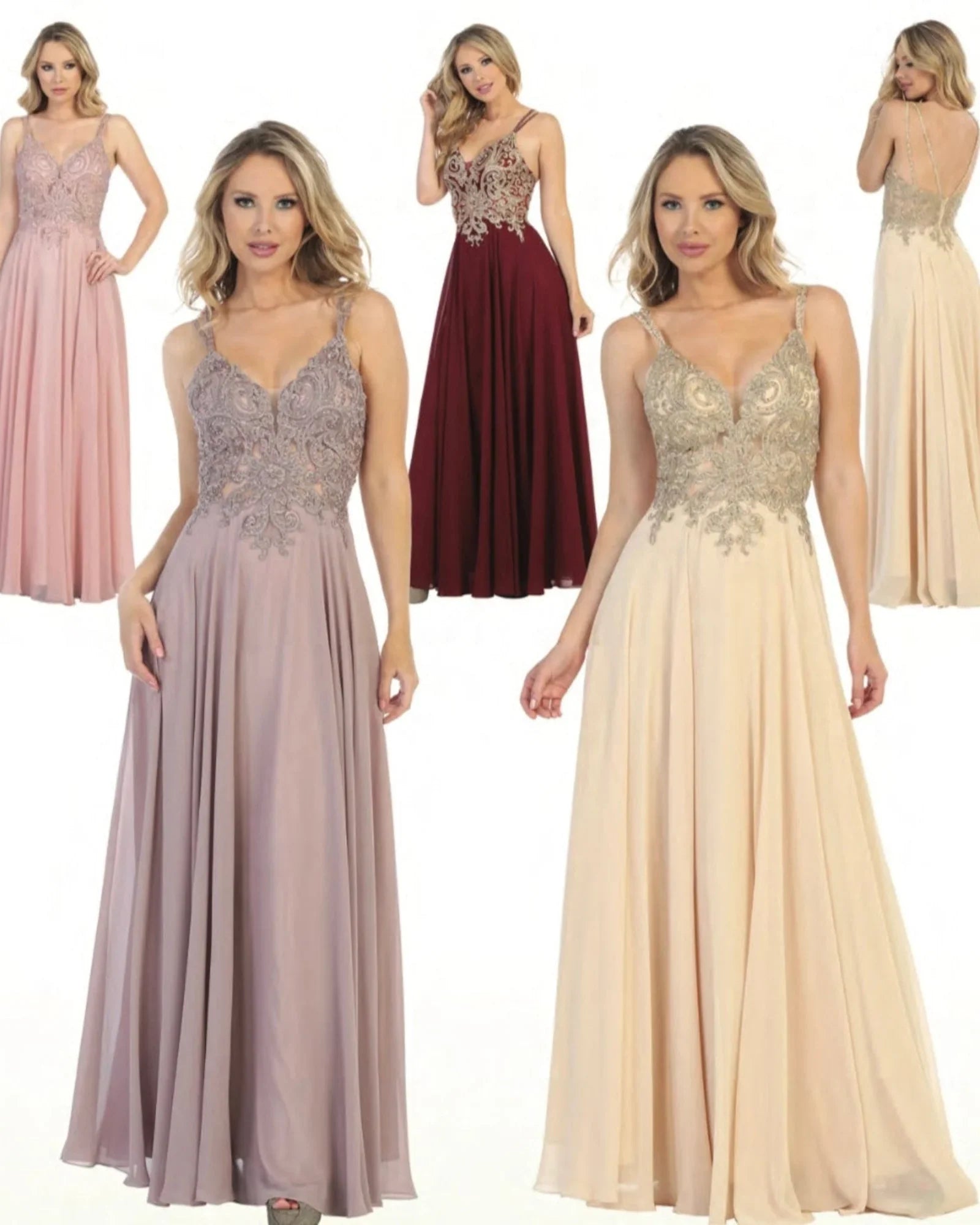 Vestidos largos de fiesta elegantes para XV años o boda en tonos nude y burdeos, detalles bordados.