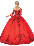 Vestido de XV años rojo brillante con bordados y corona, estilo princesa elegante