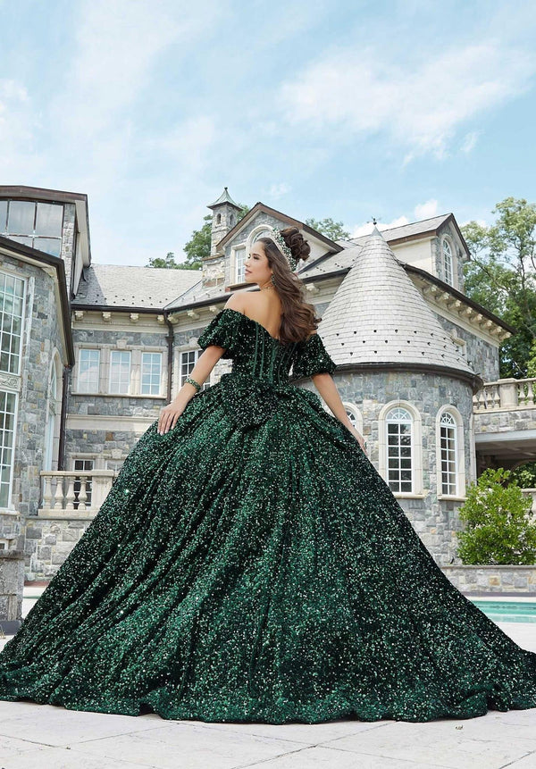 Emerald Green Sequined Quinceañera Dress with Corset - Morilee 60171