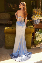 Vestido largo de fiesta azul satinado con escote off shoulder y espalda descubierta, ideal para XV años o eventos elegantes.