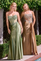 Vestidos de fiesta largos con detalles de pedrería, ideales para XV años o bodas, en tonos verde oliva y dorado.