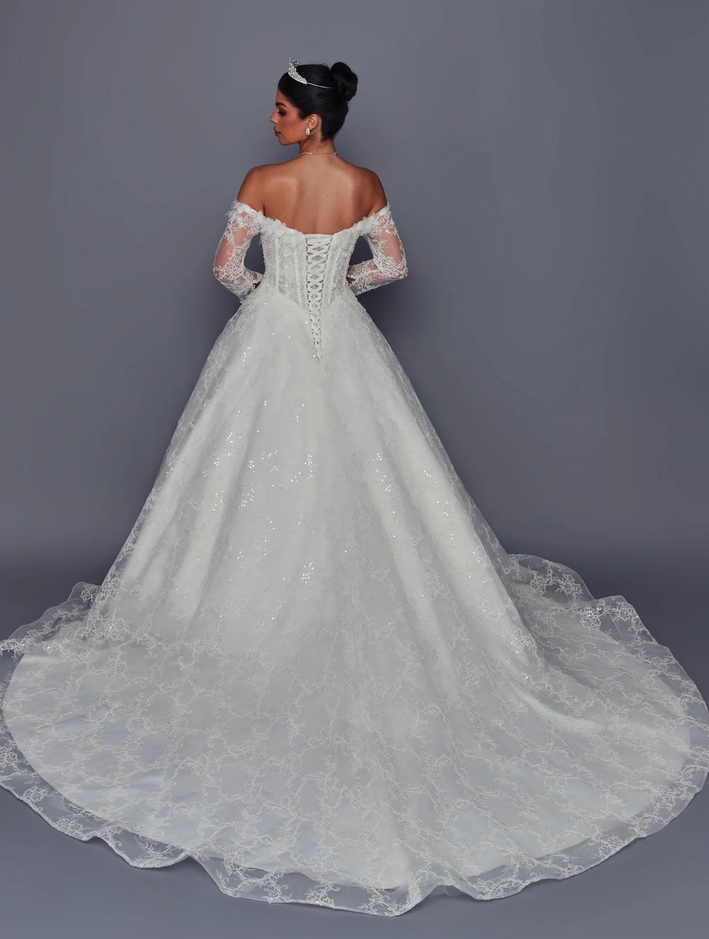 Vista trasera de vestido de novia DeKlaire Bridal corte línea A con encaje y mangas largas.