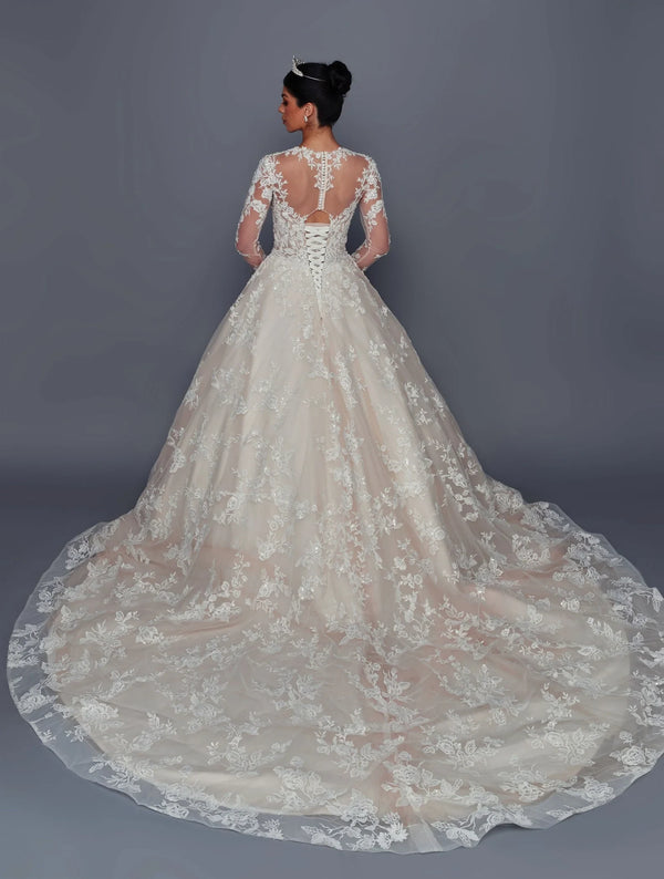 A-Line Wedding Dress with Illusion Neckline and Long Sleeves - DeKlaire Bridal 519