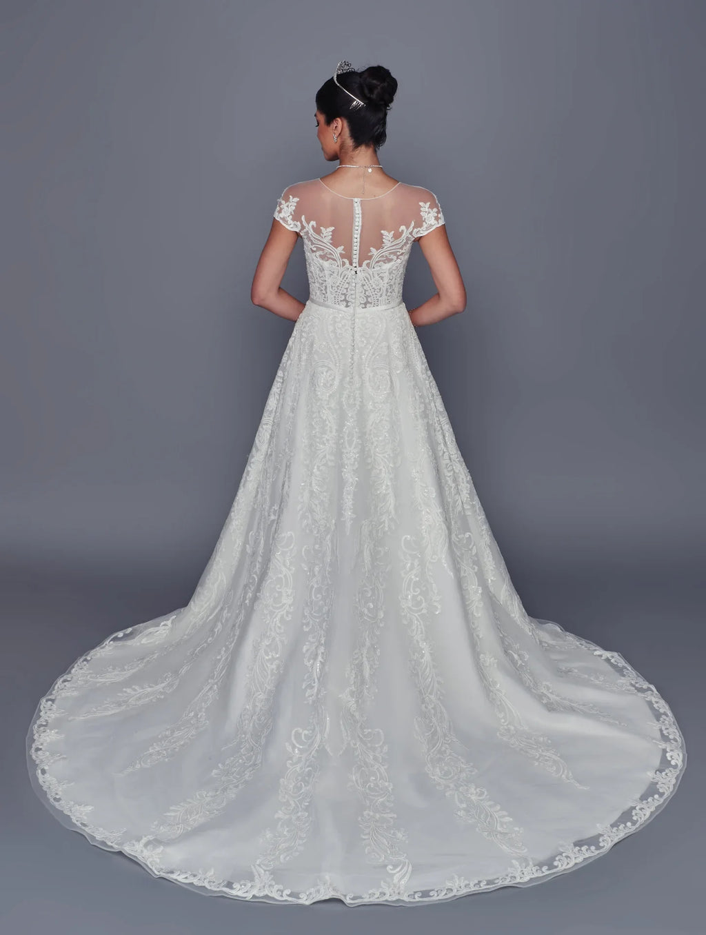 Vista trasera de vestido de novia DeKlaire Bridal corte línea A con encaje y escote ilusión.