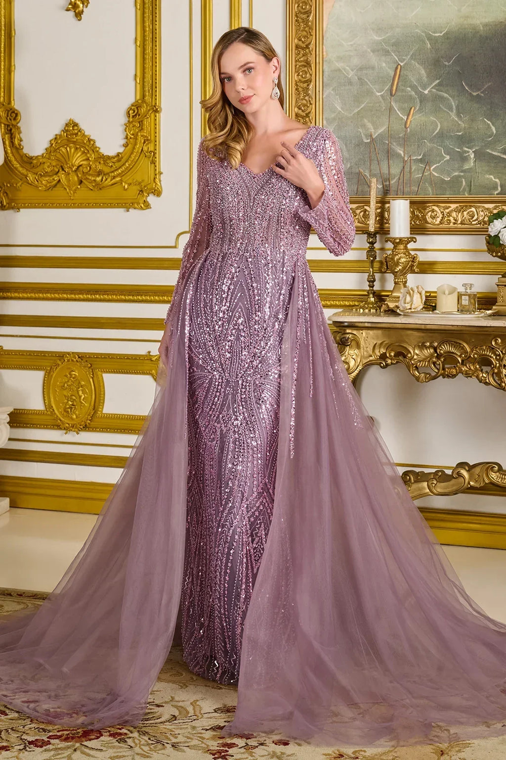 Vestido de fiesta GLS Collective color malva con lentejuelas, manga larga y sobrefalda de tul.