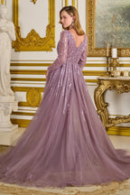 Vestido de fiesta GLS Collective color lavanda con lentejuelas, manga larga y corte línea A.