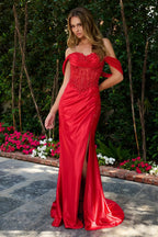 Vestido de fiesta rojo ajustado con hombros descubiertos y encaje de GLS Collective