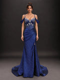 Vestido de fiesta azul real Dancing Queen con hombros descubiertos y pedrería brillante