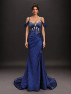 Vestido de fiesta azul real Dancing Queen con hombros descubiertos y pedrería brillante