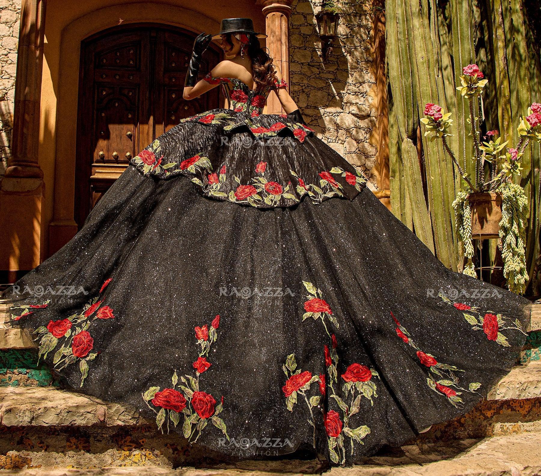 Negro Con Rojo (Floral) / 7 Ragazza Floral Charro Quinceañera Dress