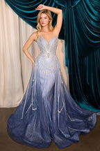 Vestido de novia azul con brillos y detalles bordados, ideal para boda o XV años