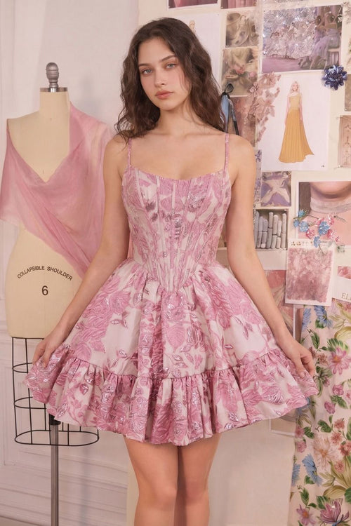 Minivestido de Jacquard Floral con Corte Evasé (A1522)