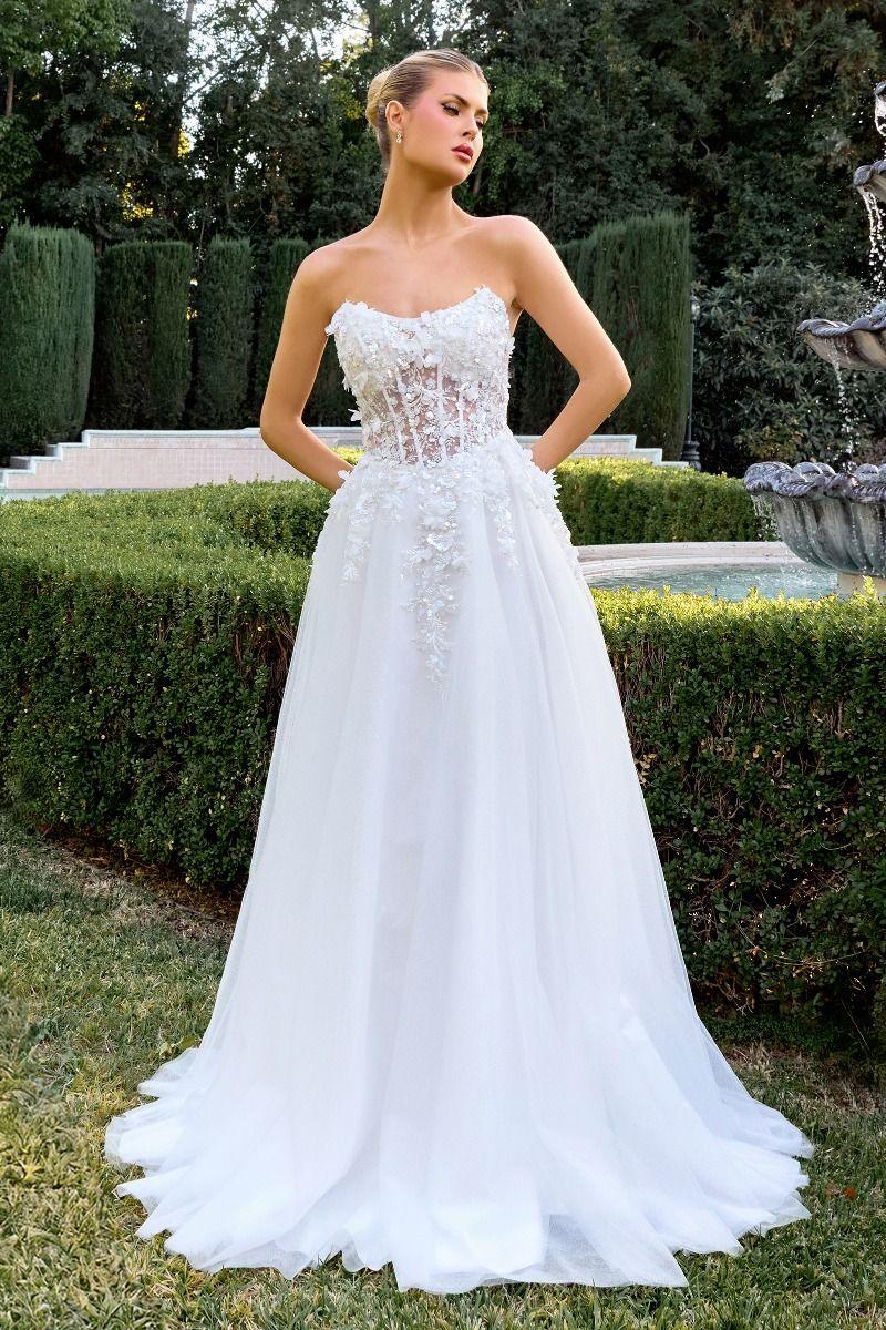 Vestido de novia blanco corte princesa con corsé transparente y apliques florales, en jardín elegante.