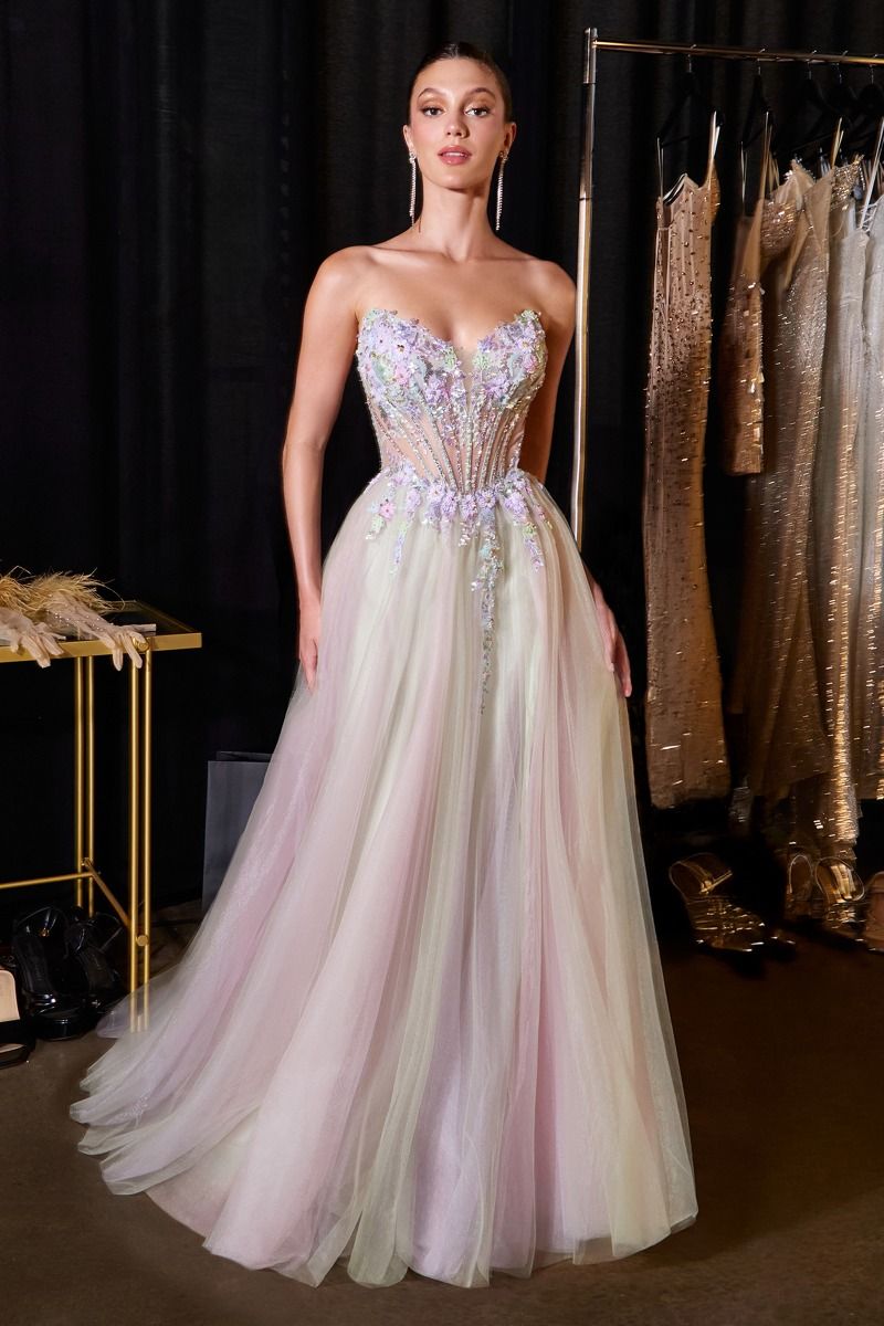 Vestido de Gala Corte A con Corset Floral y Abertura | Ladivine - CD2418