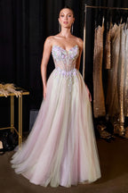 Vestido de Gala Corte A con Corset Floral y Abertura | Ladivine - CD2418