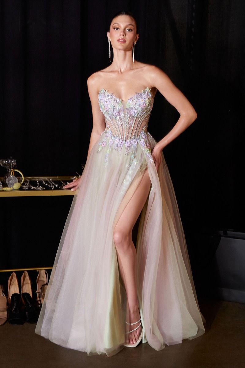 Vestido de Gala Corte A con Corset Floral y Abertura | Ladivine - CD2418